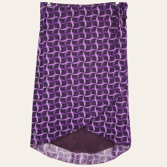 Vintage 90s Groovy Retro Printed Tulip Hem Boho Lightweight Wrap Skirt Purple  M - Picture 1 of 7